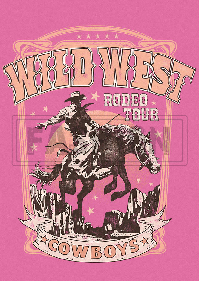 Wild West Rodeo Tour Cowboys O-Neck T-Shirt Tee - Rose Red
