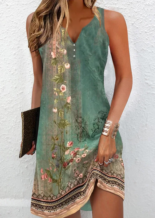 

Floral Button Notched Neck Mini Dress - Green, SCM017317