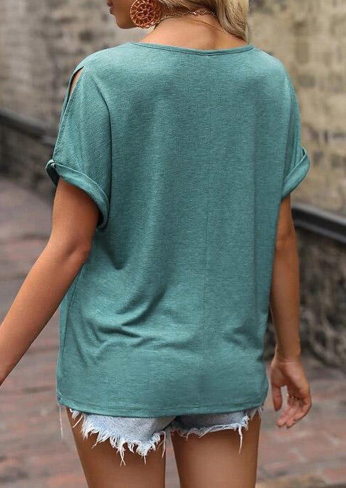 Hollow Out Loose O-Neck Blouse - Cyan