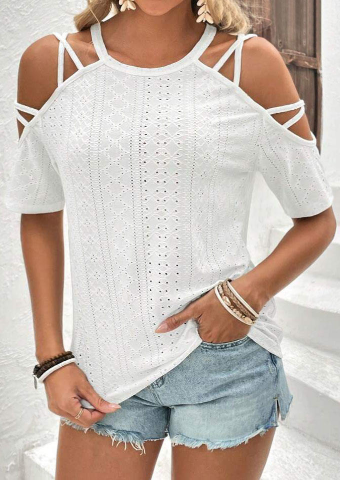 

Criss-Cross Cold Shoulder Blouse - White, SCM017328