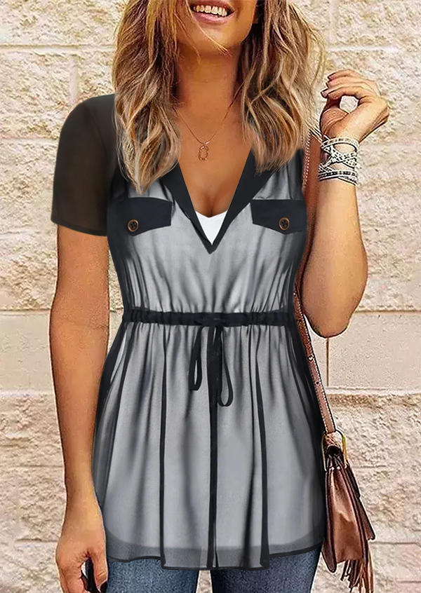 

2Pcs Drawstring Fake Pocket Chiffon Blouse, Multicolor, SCM017361
