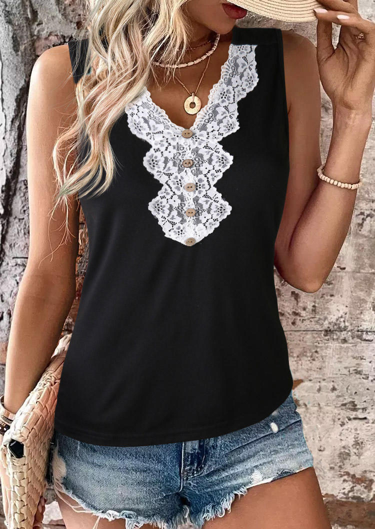 

Lace Splicing Button Casual Tank - Black, SCM017469