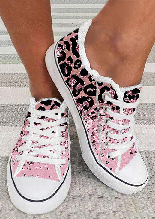 

Leopard Glitter Lace Up Round Toe Flat Sneakers, Multicolor, SCM017607