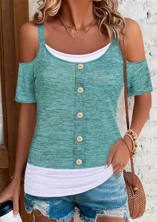 

Button Cold Shoulder Fake Two-Piece Blouse, Multicolor, SCM017380