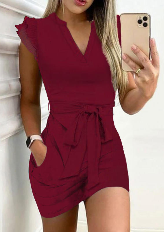 

Pocket Ruffled V-Neck Mini Dress - Burgundy, Red, SCM017395