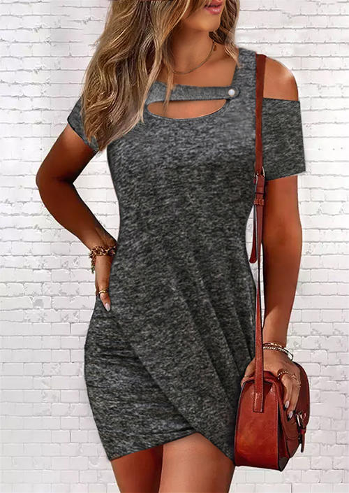 

Hollow Out Wrap Ruffled Button One Sided Cold Shoulder Bodycon Dress - Dark Grey, Gray, SCM017430