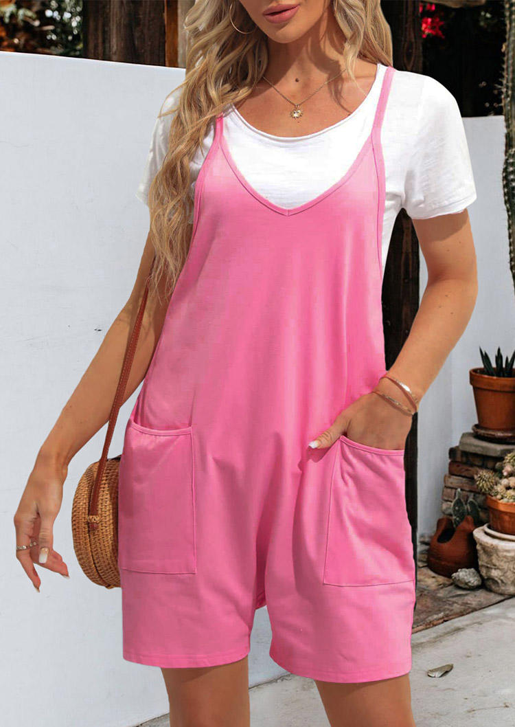 

Pocket Spaghetti Strap V-Neck Romper - Pink, SCM017438