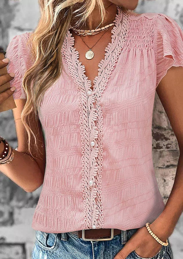 Smocked Button Lace Splicing Blouse - Pink, SCM017523