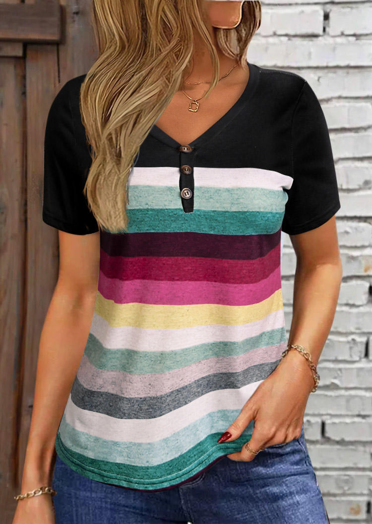 

Colorful Striped Button V-Neck Blouse, Multicolor, SCM017140