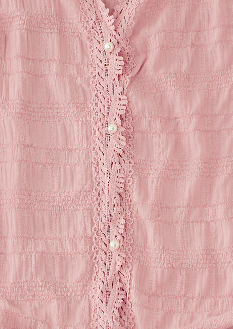 Smocked Button Lace Splicing Blouse - Pink