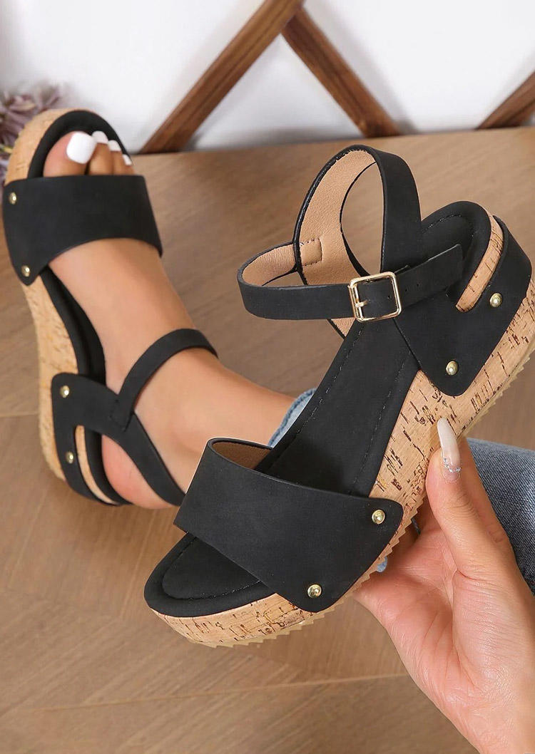 

Rivet Buckle Wedges Sandals - Black, SCM017737