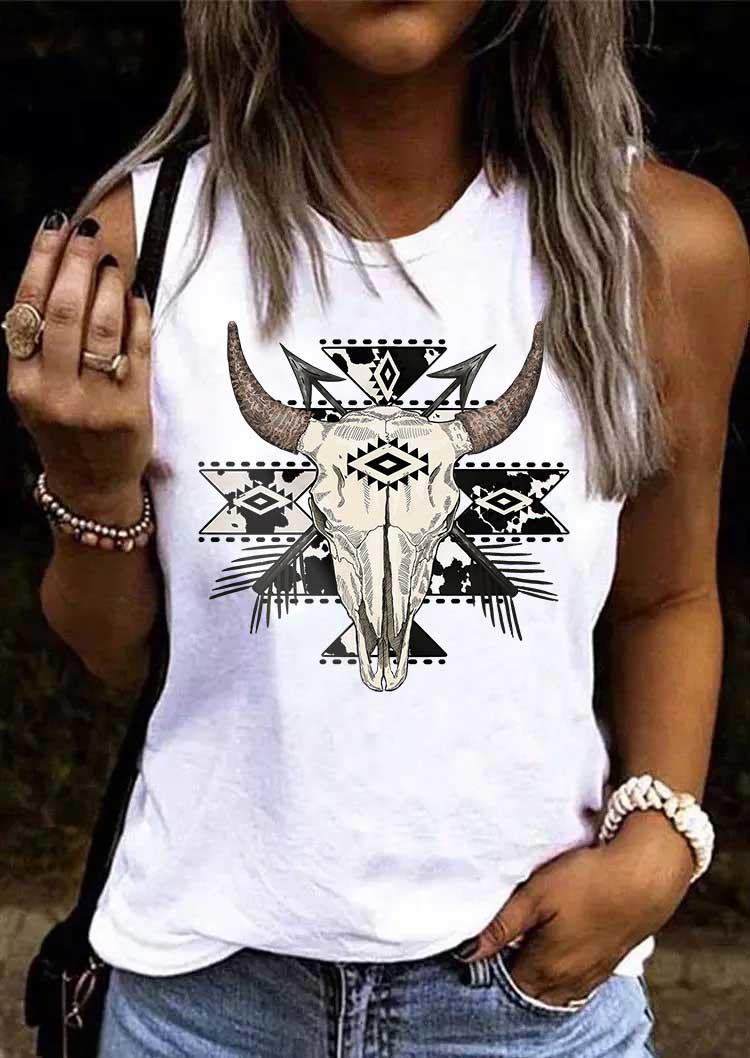 

Aztec Geometric Steer Skull O-Neck Tank - White, SCM017756