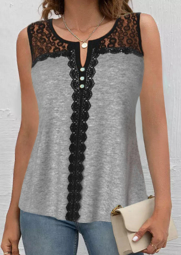 

Lace Splicing Button Notched Collar Tank, Multicolor, SCM017773