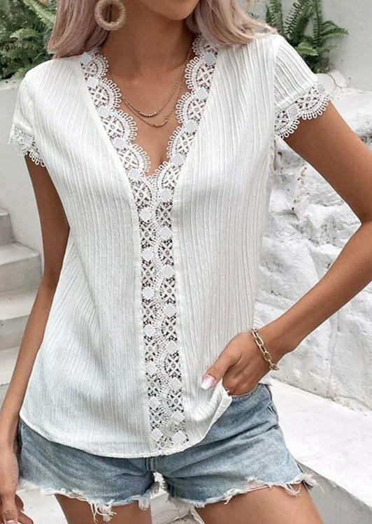 

Lace Splicing Short Sleeve V-Neck Blouse - White, SCM017049