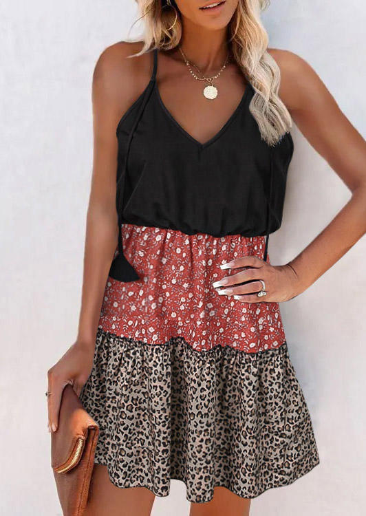 

Ditsy Floral Color Block Leopard Mini Dress - Black, SCM017288
