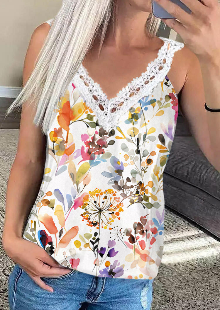 

Lace Splicing Floral V-Neck Tank, Multicolor, SCM017373