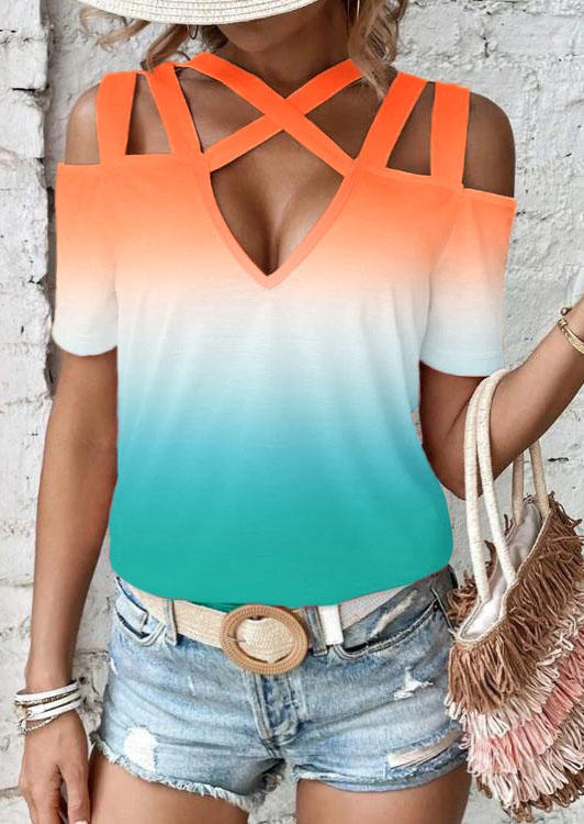 

Gradient Criss-Cross Cold Shoulder Blouse, Multicolor, SCM017599