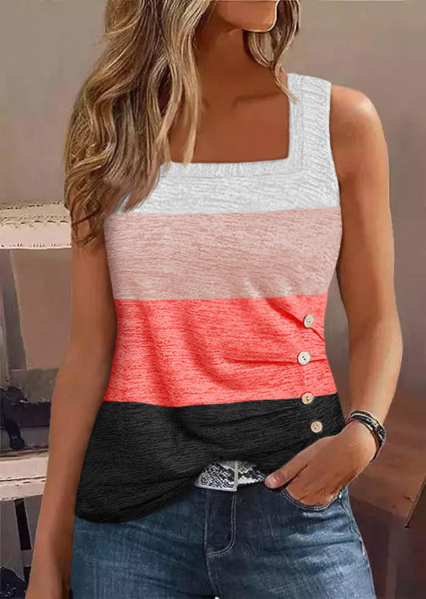 

Color Block Ruched Button Square Collar Tank, Multicolor, SCM017897