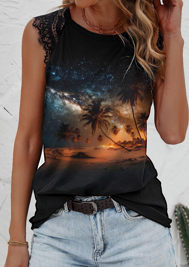 

Starry Sky Coconut Tree Lace O-Neck Tank - Black, SCM017905