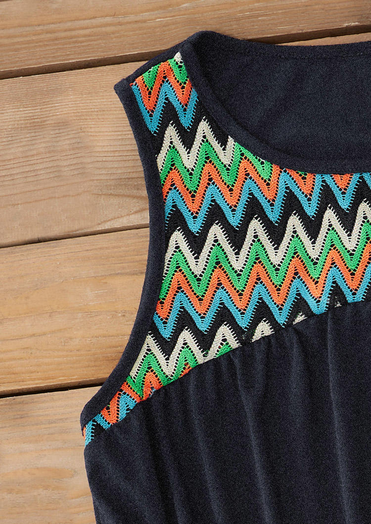 Zigzag Ruffled O-Neck Tank - Navy Blue