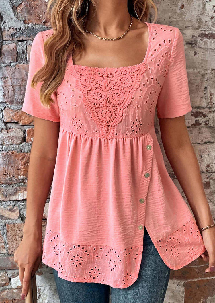 

Lace Splicing Hollow Out Button Ruffled Blouse - Pink, SCM017177