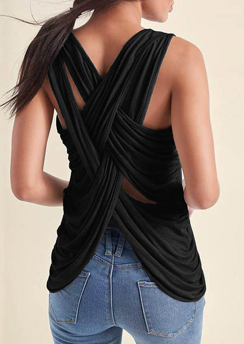 

Criss-Cross Ruffled Hollow Out Tank - Black, SCM017563