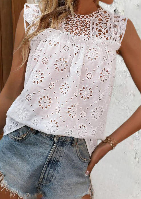 

Lace Splicing Hollow Out Button Tank - White, SCM017130