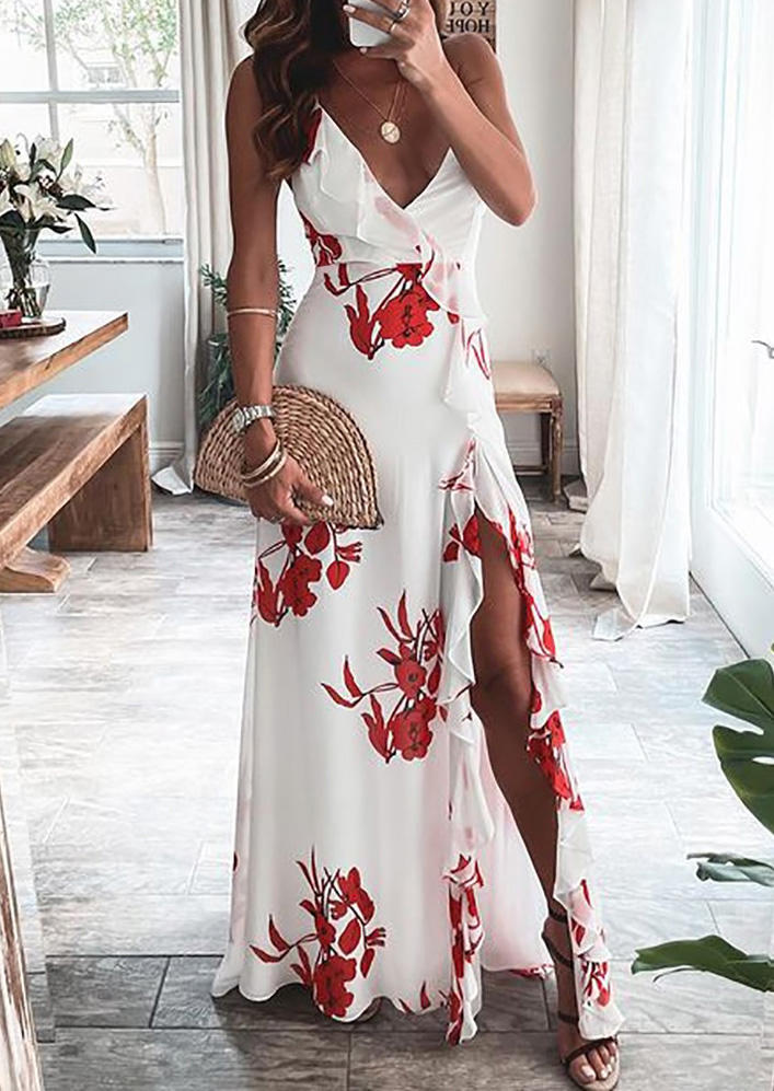 

Floral Ruffled Slit V-Neck Maxi Dress, Multicolor, SCM017591