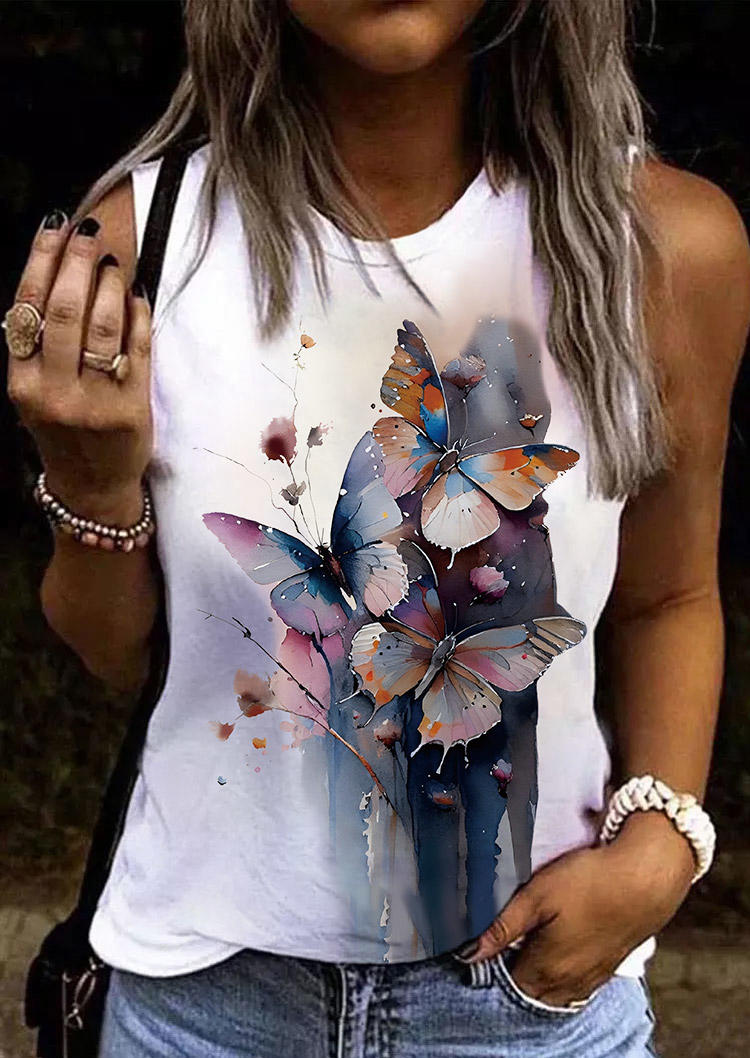 

Watercolor Butterfly O-Neck Tank, Multicolor, SCM017675