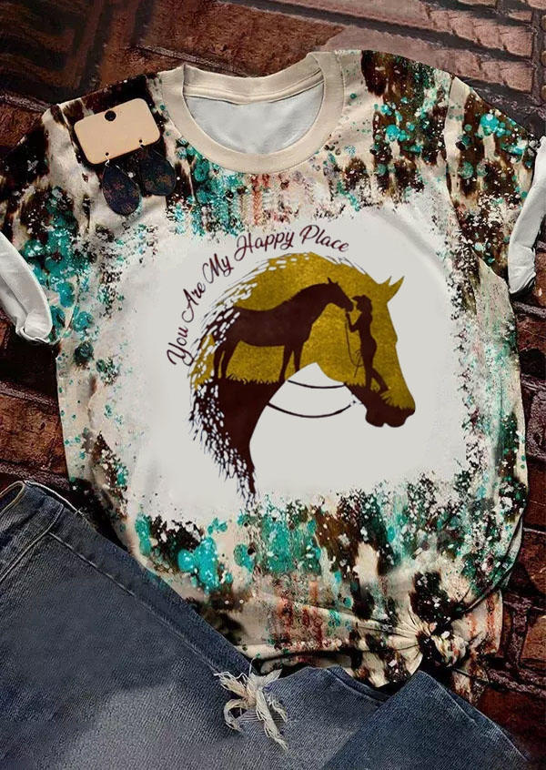 

Horse Bleached Casual O-Neck T-Shirt Tee, Multicolor, SCM017971