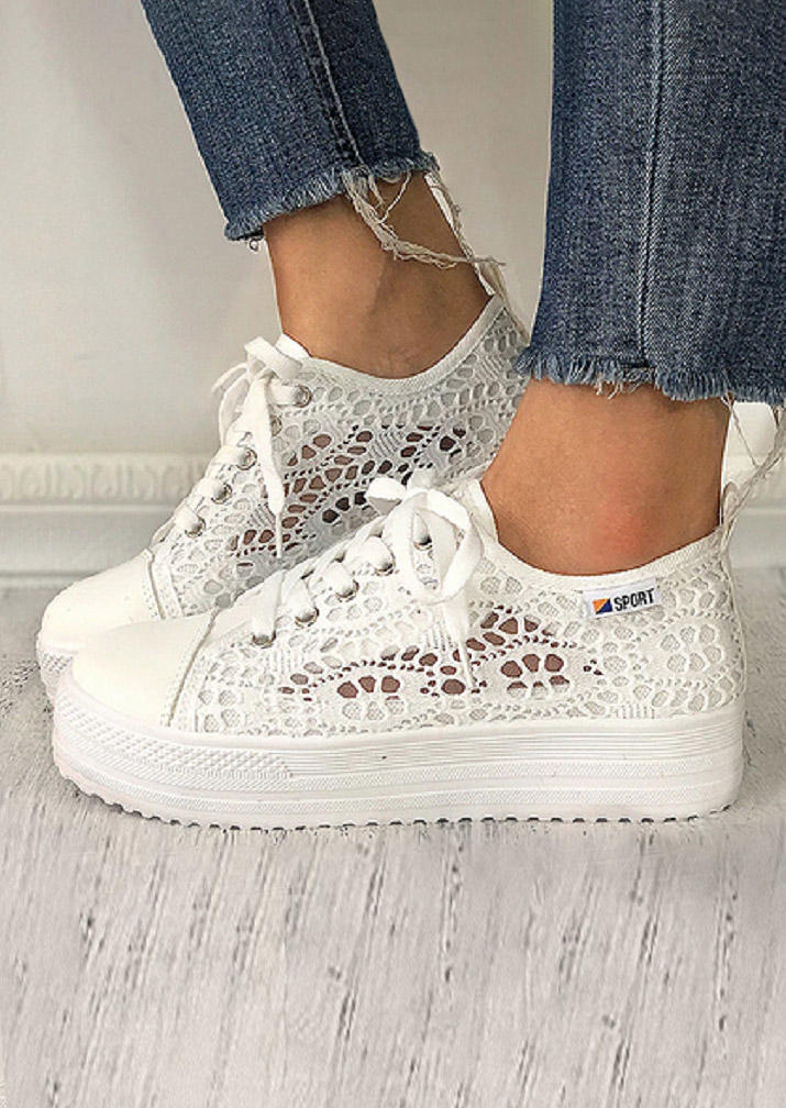 

Hollow Out Crochet Breathable Lace Up Platform Sneakers - White, SCM017411