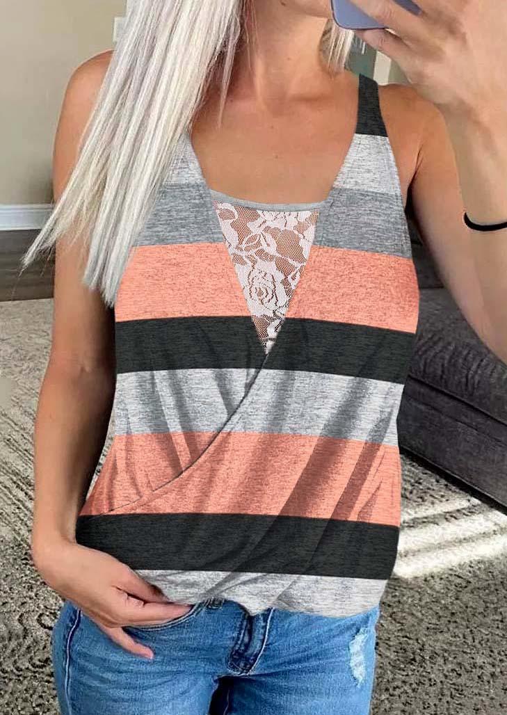 

Color Block Lace Wrap Fake Two-Piece Tank, Multicolor, SCM017590