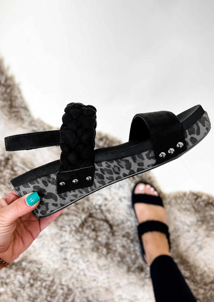

Leopard Round Toe Wedge Sandals - Black, SCM017821