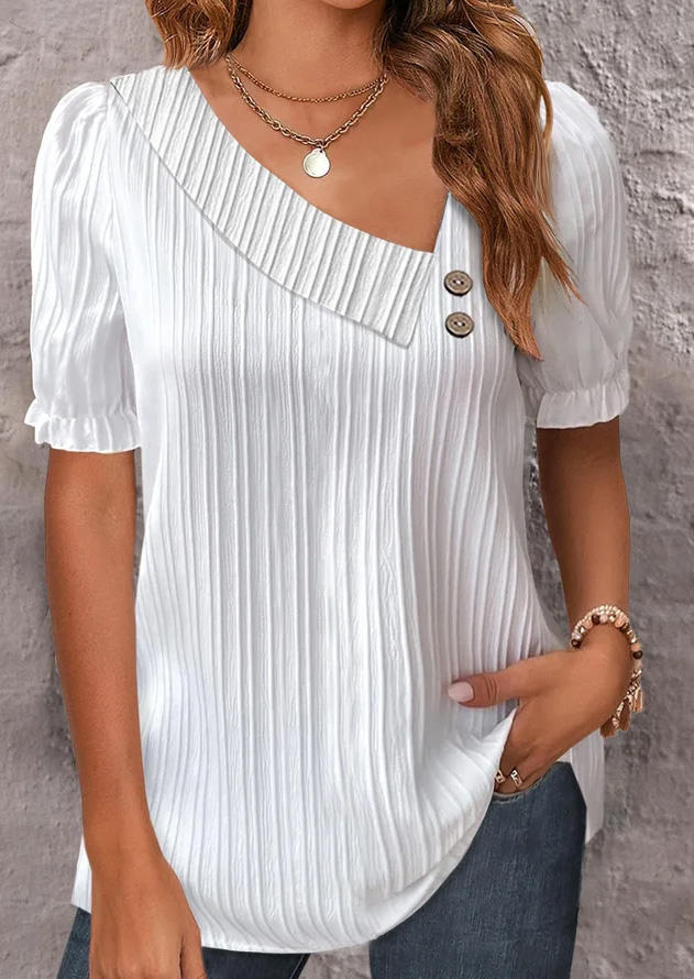 

Button Ribbed Ruffled Blouse - White, SCM017847