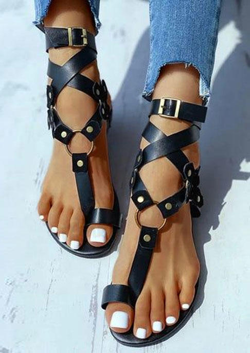 

Criss-Cross Toe Ring Buckle Strap Flat Sandals - Black, SCM017861