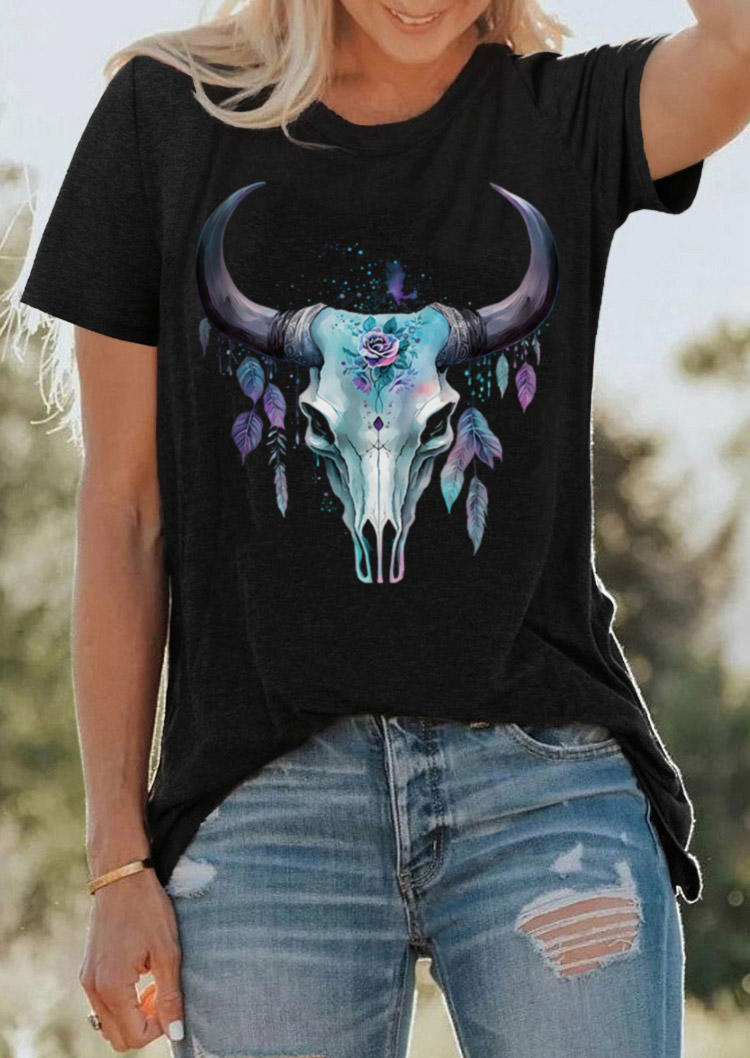 

Steer Skull Rose Leaf O-Neck T-Shirt Tee - Black, SCM018007