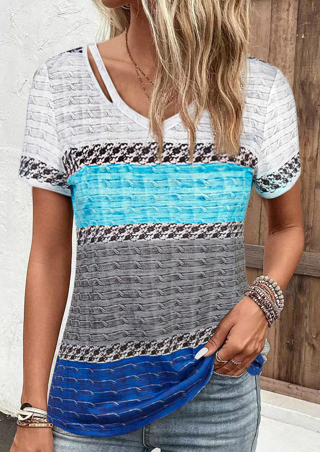 

Color Block Hollow Out V-Neck Blouse, Multicolor, SCM017850