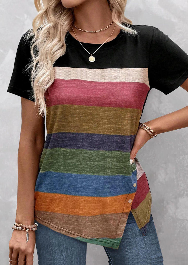 

Color Block Button Slit O-Neck Blouse, Multicolor, SCM017379