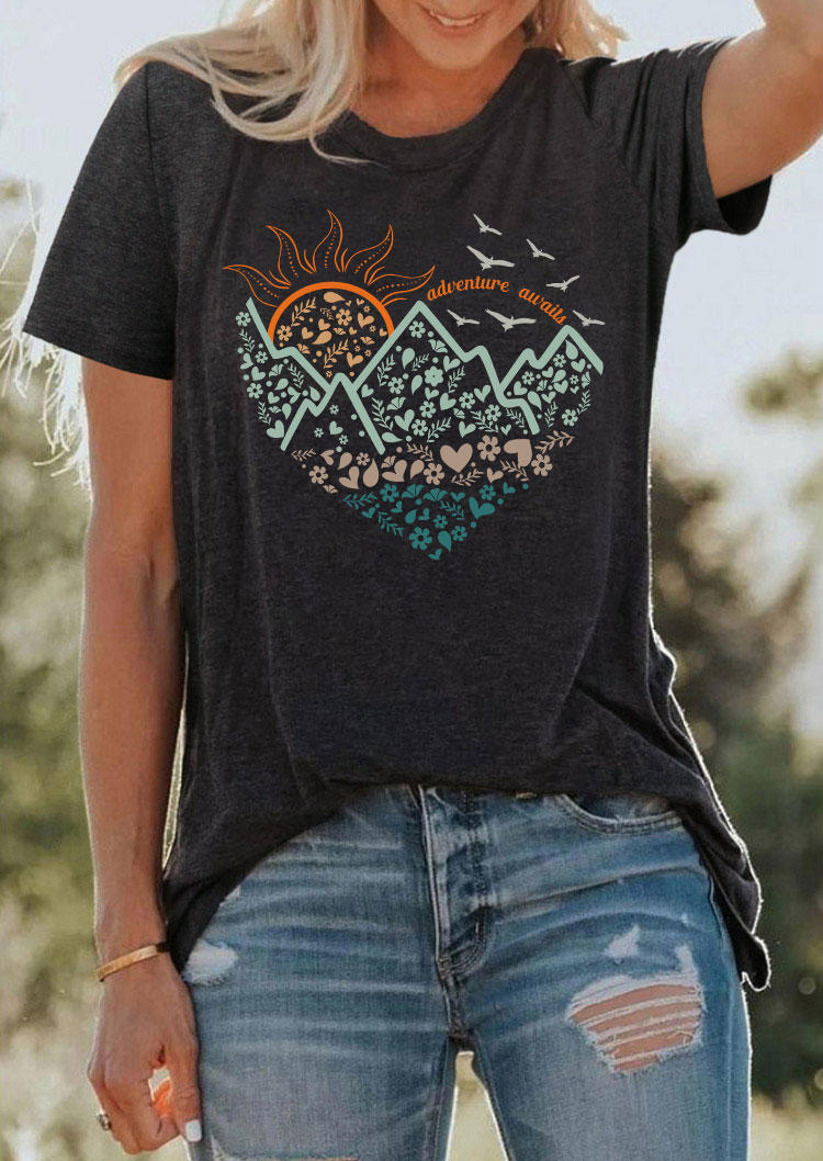 

Adventure Awaits Heart Sun Short Sleeve T-Shirt Tee - Dark Grey, Gray, SCM018036