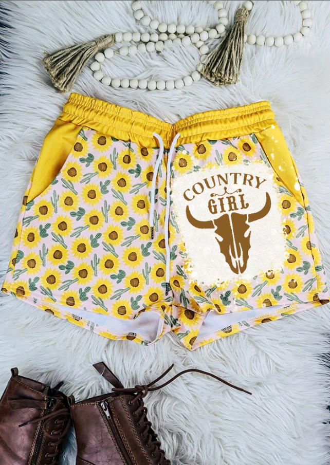 

Country Girl Sunflower Cactus Steer Skull Shorts - Yellow, SCM018054