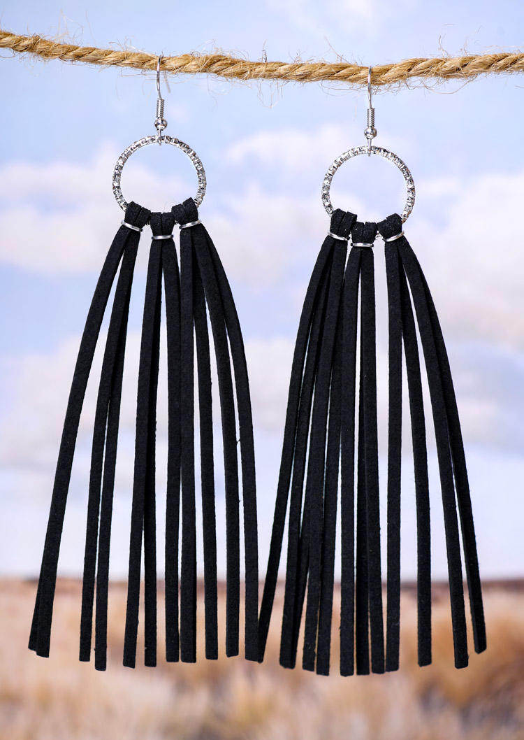 

Bohemian Tassels Leather Hook Earrings, Black, SCM017545