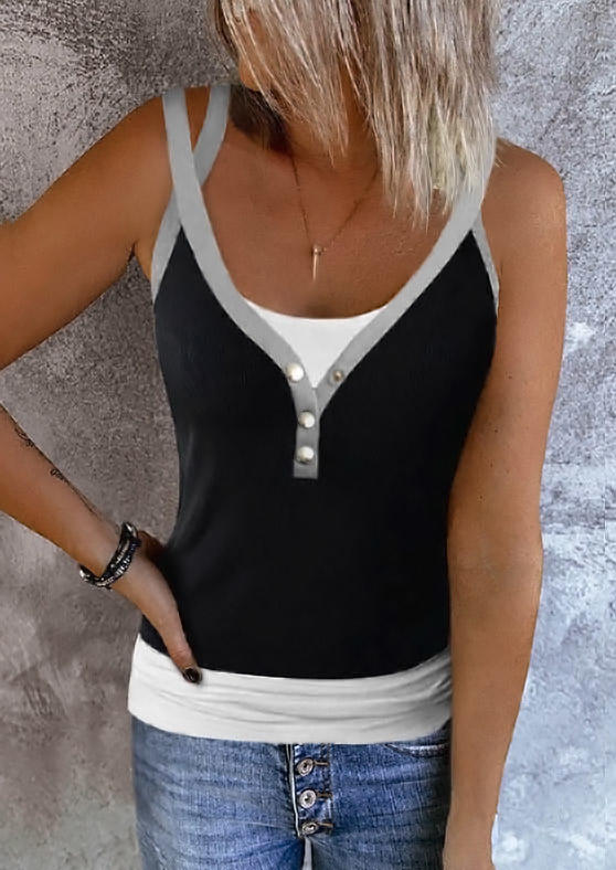 

Color Block Snap Button Fake Two-Piece Tank - Black, SCM017654