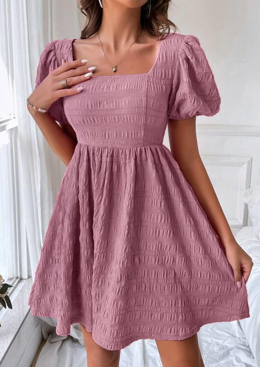 

Ruffled Puff Sleeve Square Collar Mini Dress - Pink, SCM017809