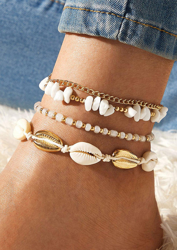 

4Pcs Beading Stone Shell Anklet Set, White, SCM017854