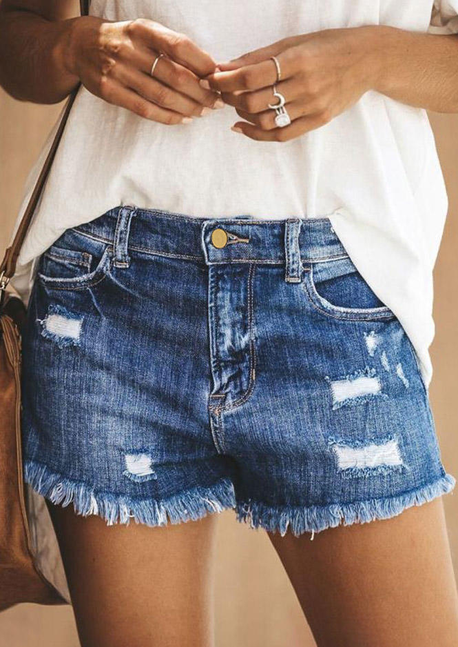 

Ripped Pocket Button Frayed Hem Denim Shorts - Blue, SCM017967