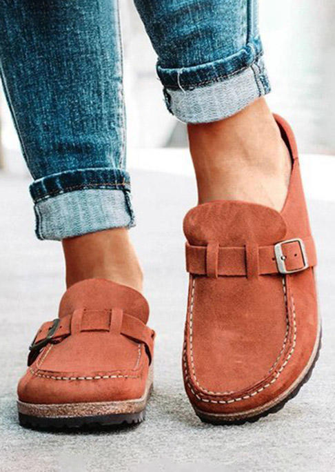 Buckle Suede Slip-on Loafer Mule Flat Slippers - Brown