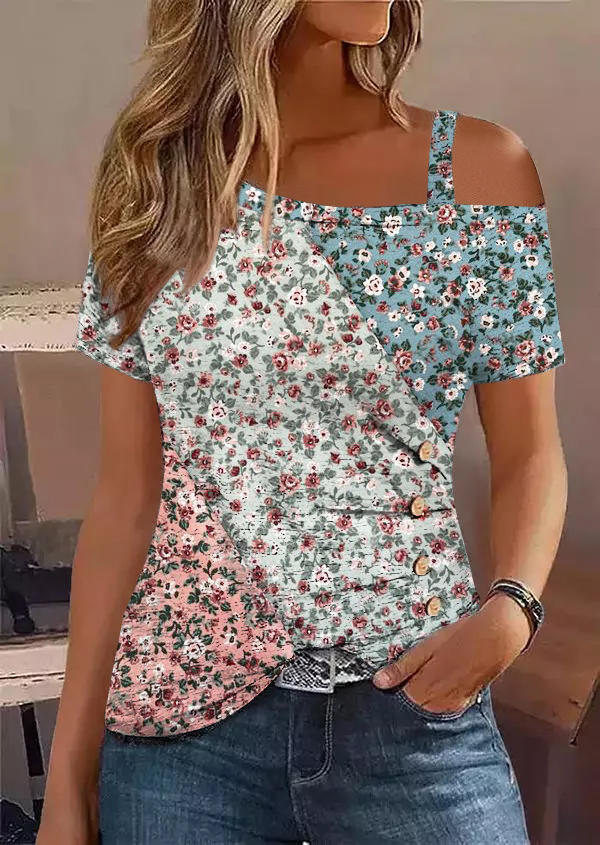 Ditsy Floral Color Block Button One Sided Cold Shoulder Blouse