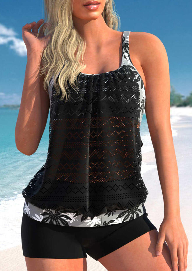 Leaf Lace Splicing Hollow Out Tankini Set - Black