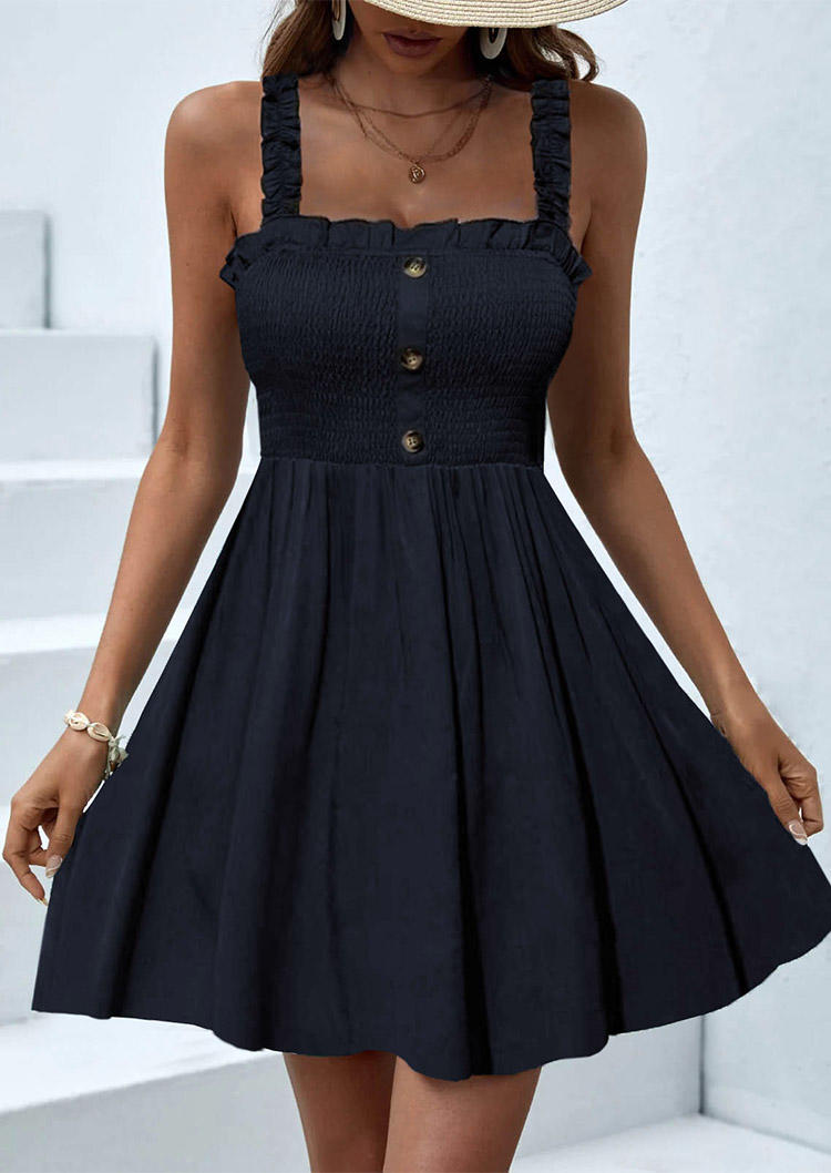 

Smocked Button Ruffled Mini Dress - Navy Blue, SCM017808