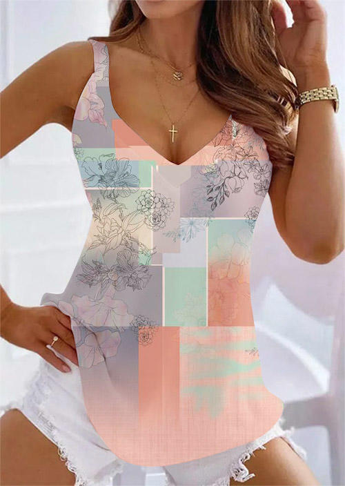 

Floral Color Block V-Neck Tank, Multicolor, SCM017914